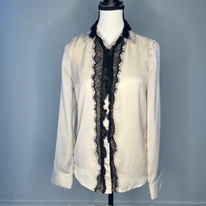 Guess Women's Tan Button Down Blouse with Black Lace Accent, Size XS